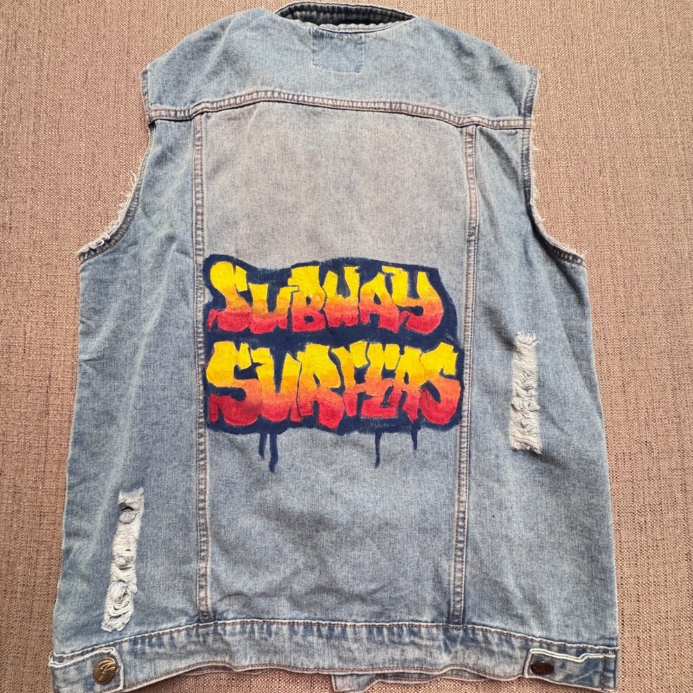 Fashion Art of Cowboy Subway Surfers Distressed Denim Vest Light Wash Medium